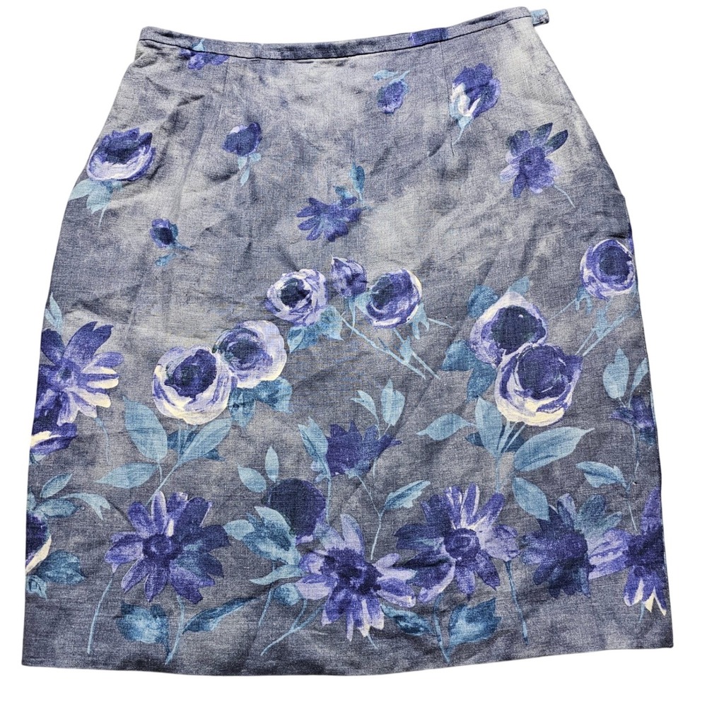 Yves Cossette Depeche Mode Floral‎ Linen Skirt Blue Purple Rose Cottagecore 27W